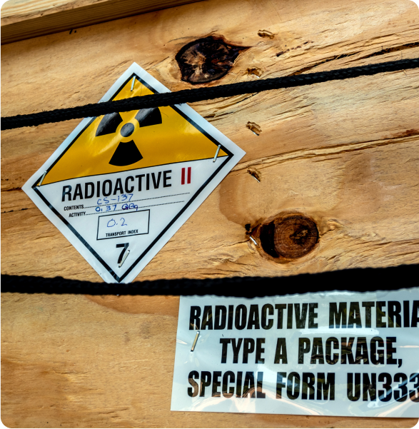 Radioactive material label beside the transportation wooden box Type A standard package